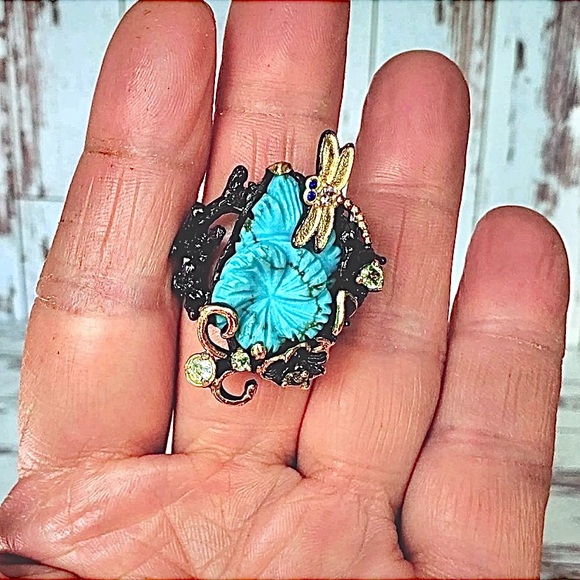 Strerling & 14 kt Dragonfly Turquoise Ring - Picture 6 of 7